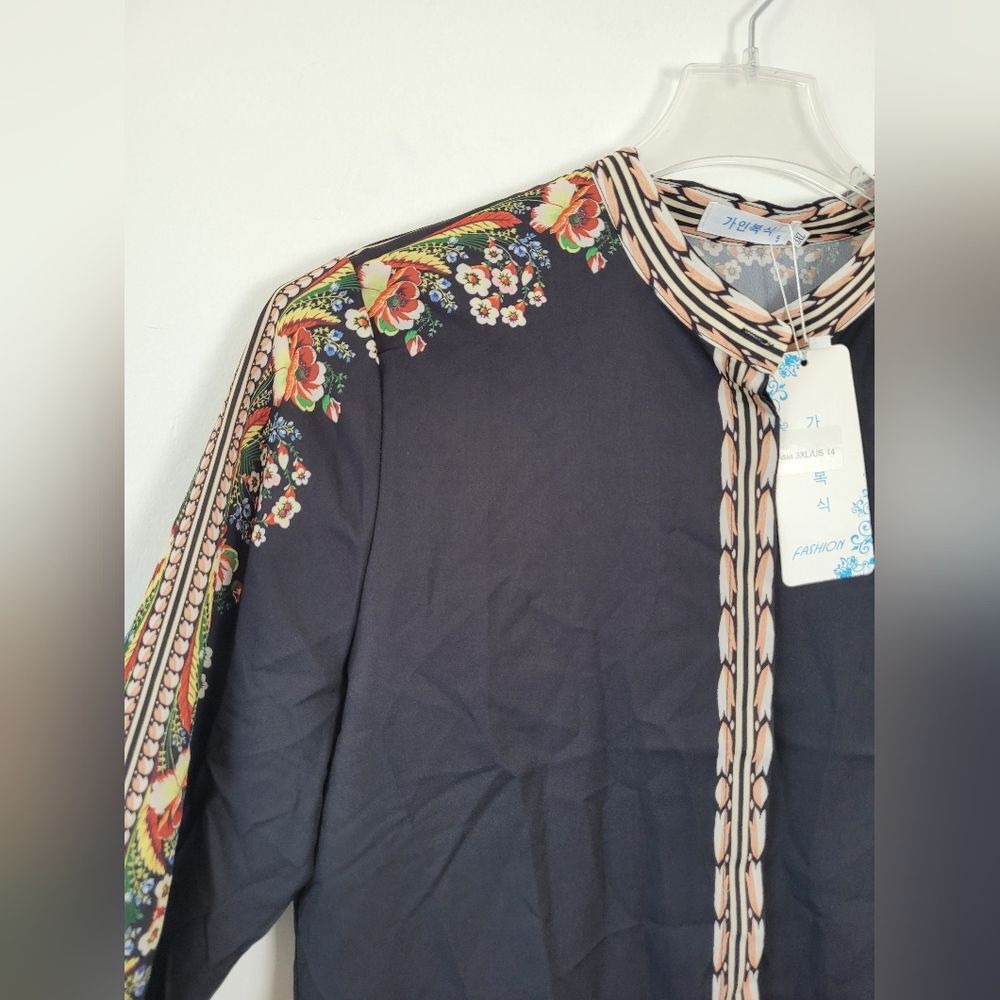 NEW Black Floral Abstract Blouse Top Asian Office Career Boho Indie Oriental 14 - Picture 8 of 12